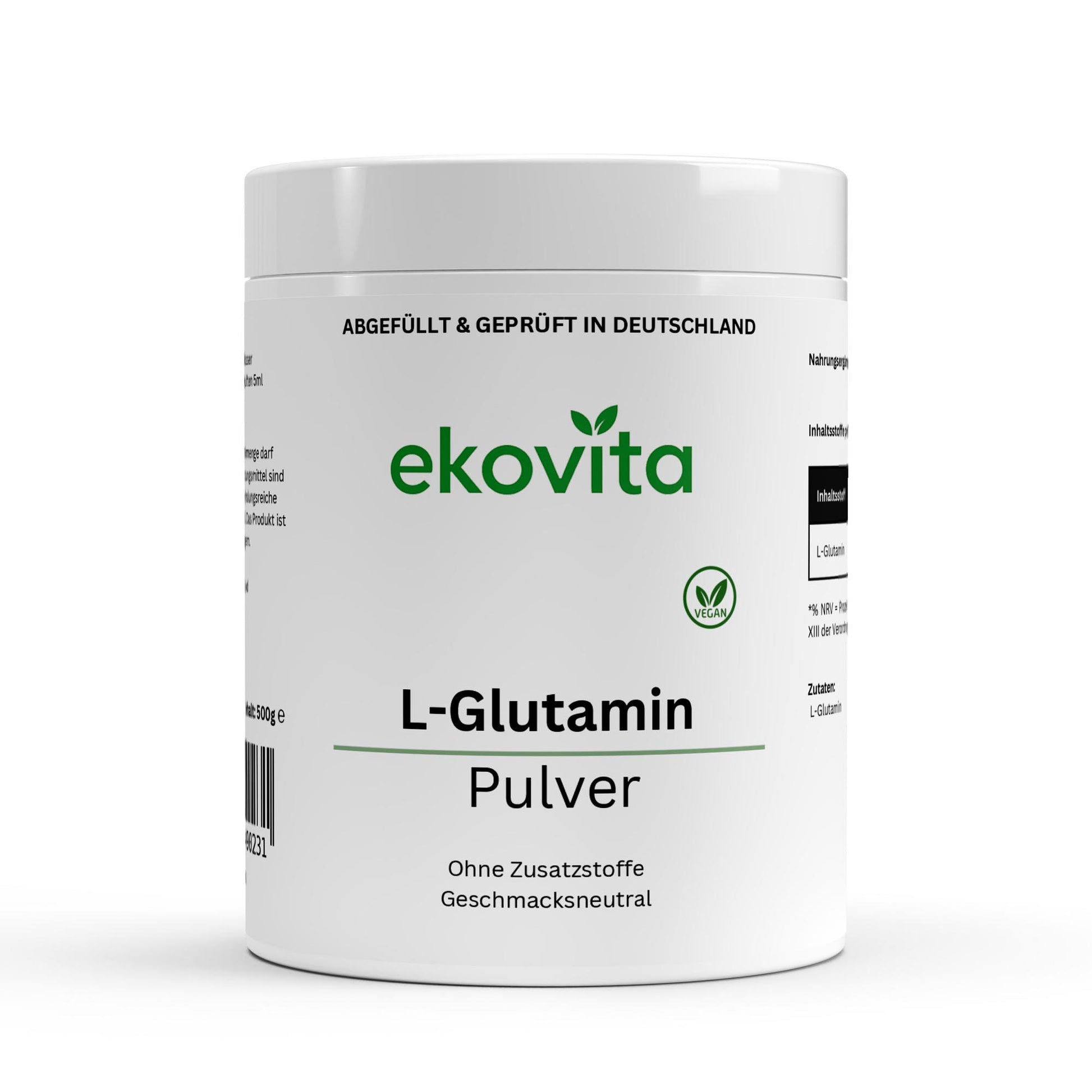 L-Glutamin Pulver 500 g von ekovita in hochwertiger Verpackung für Muskelaufbau und Regeneration.