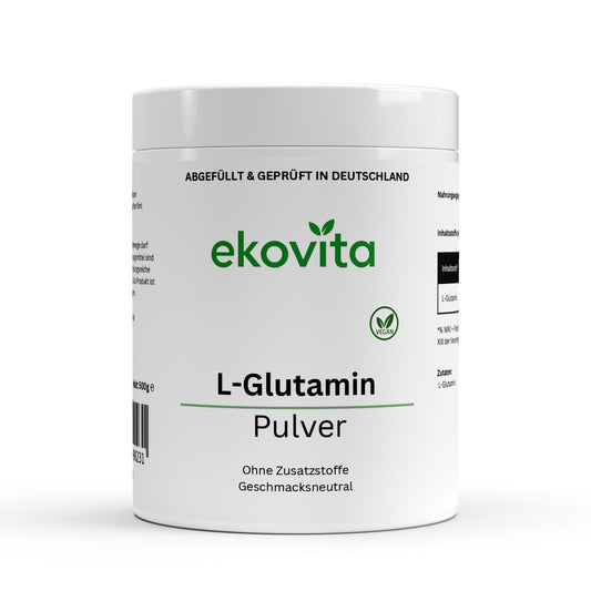 L-Glutamin Pulver 500 g von ekovita in hochwertiger Verpackung für Muskelaufbau und Regeneration.