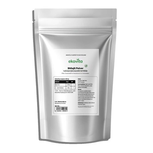 Shilajit Pulver 5% Fulvinsäure in der Verpackung, ideal für Vitalität und Gesundheit.
