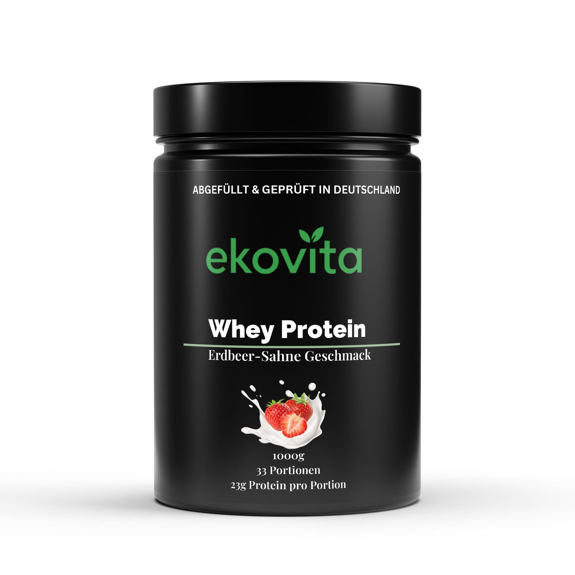 Hauptbild des Premium Whey Protein Erdbeere von ekovita in einer attraktiven Verpackung.