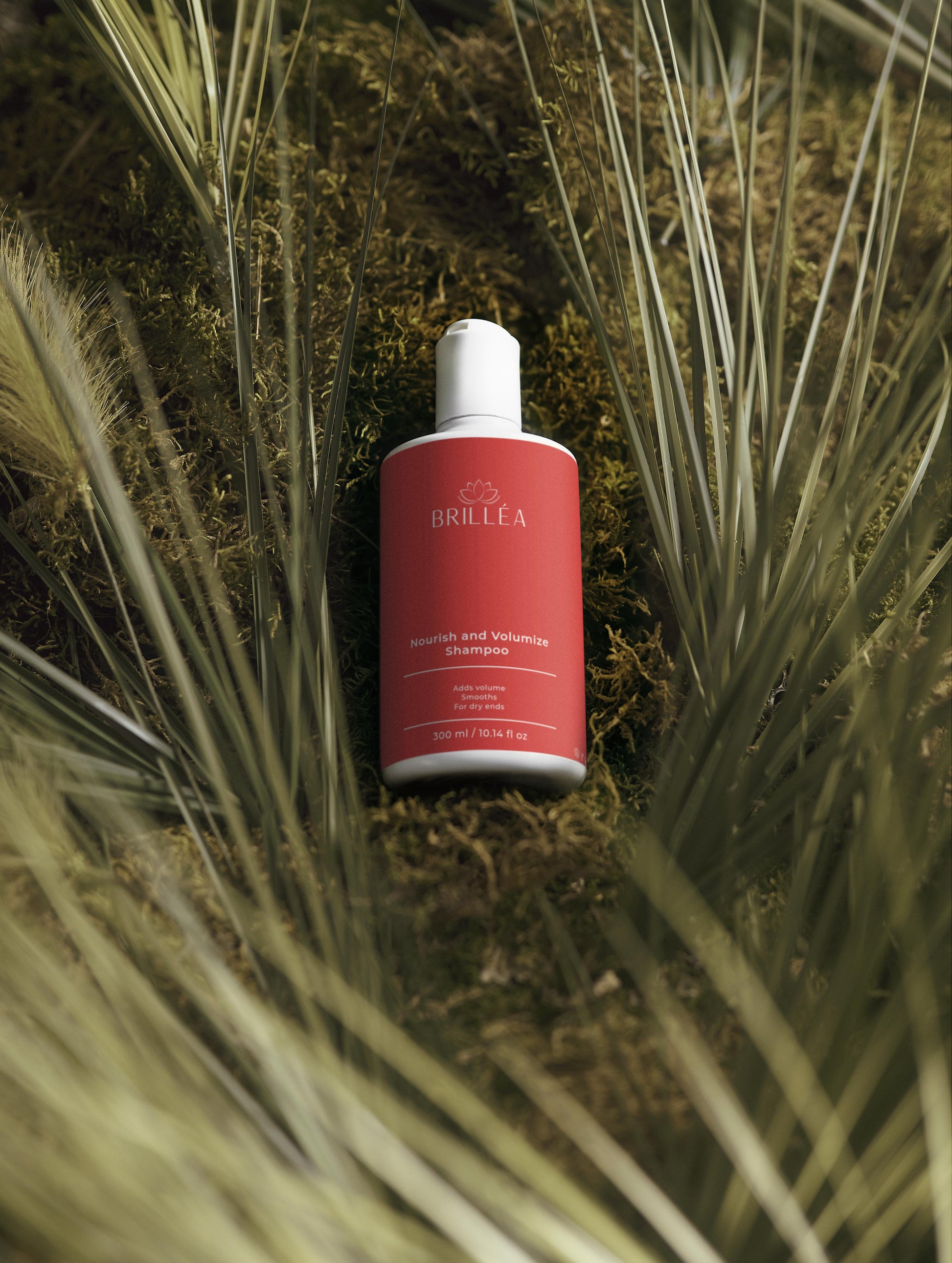 Nourish & Volumize Shampoo von ekovita zusammen mit beruhigendem Conditioner in harmonischer Anordnung.