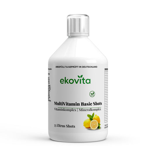 Multivitamin Basic Shots Plus+ von ekovita in einer eleganten Verpackung, hochdosierte Vitamine für das Immunsystem.