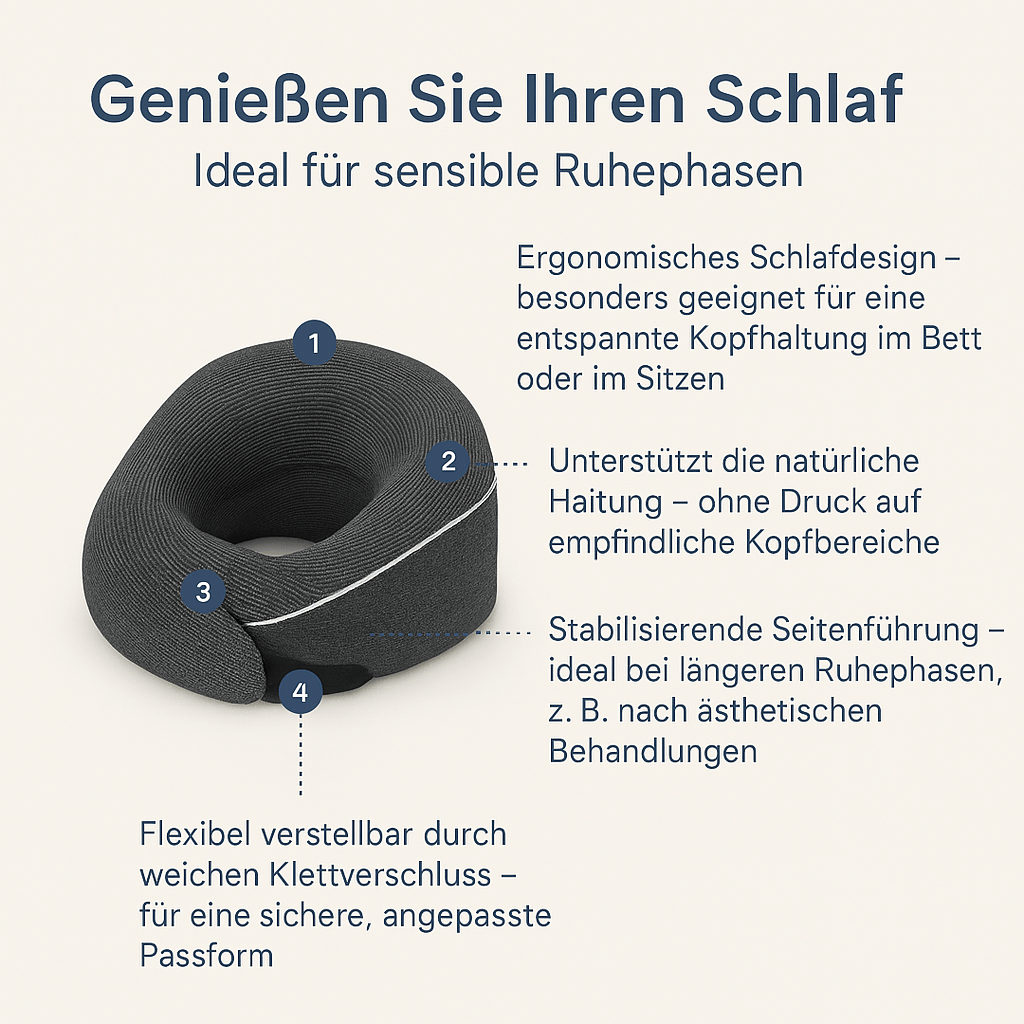 Obenliegendes Nackenkissen in Verwendung, ideal für entspannenden Schlaf während Reisen.