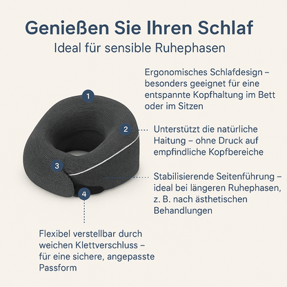 Obenliegendes Nackenkissen in Verwendung, ideal für entspannenden Schlaf während Reisen.