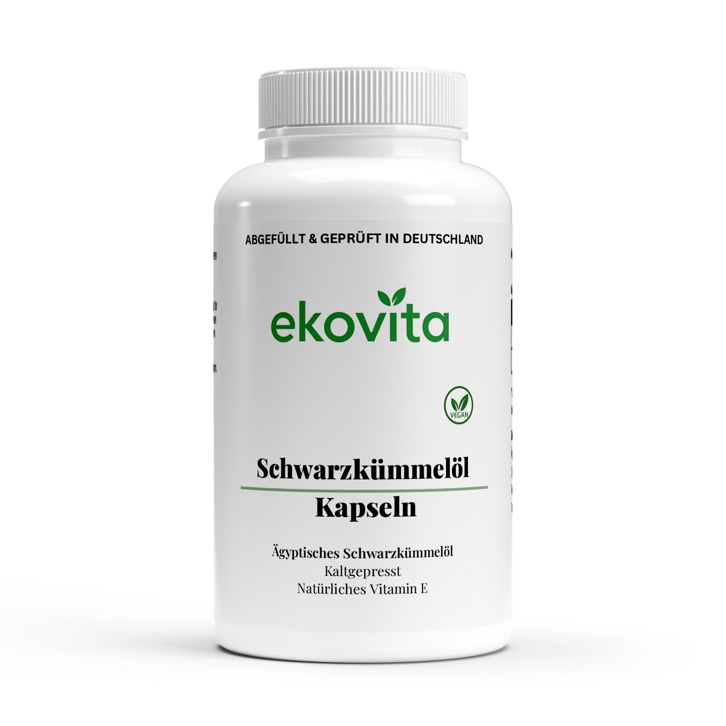 Premium ägyptisches Schwarzkümmelöl von Ekovita in eleganter Flasche, vegan und laborgeprüft.
