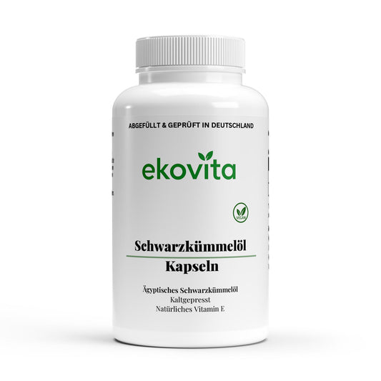 Ägyptisches Schwarzkümmelöl von Ekovita in einer eleganten Flasche. Laborgeprüft und vegan.
