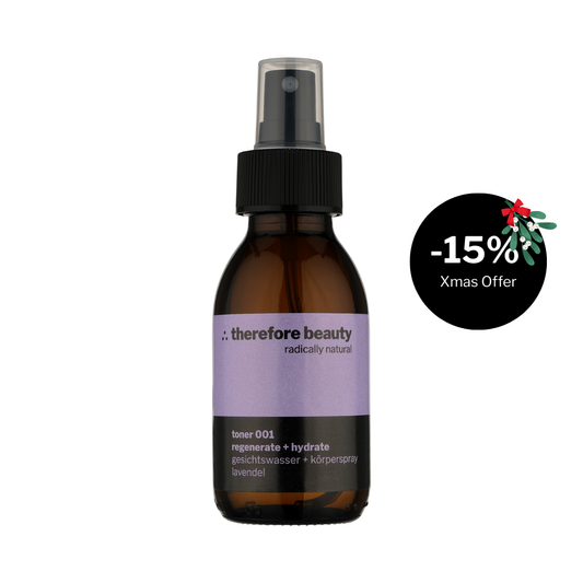 Toner 001 von therefore beauty, ein beruhigendes Feuchtigkeitsspray mit Bio-Lavendel für Gesicht und Körper.