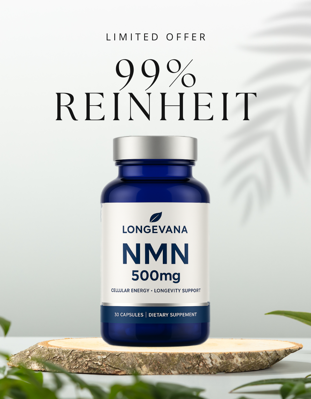 Verpackungsansicht des Longevana NAD+ Boosters mit wichtigen Nährstoffinformationen