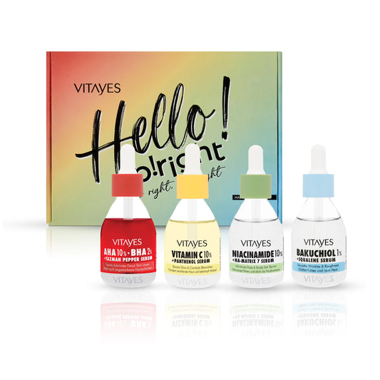 Vitayes Aufhellendes Hautpflegeset mit Vitamin C und Bakuchiol für strahlende Haut.