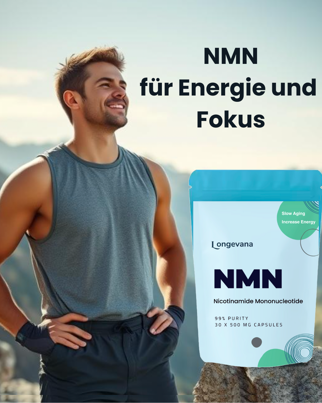 Verpackung der Longevana NMN Kapseln, die Natur und Gesundheit repräsentiert.