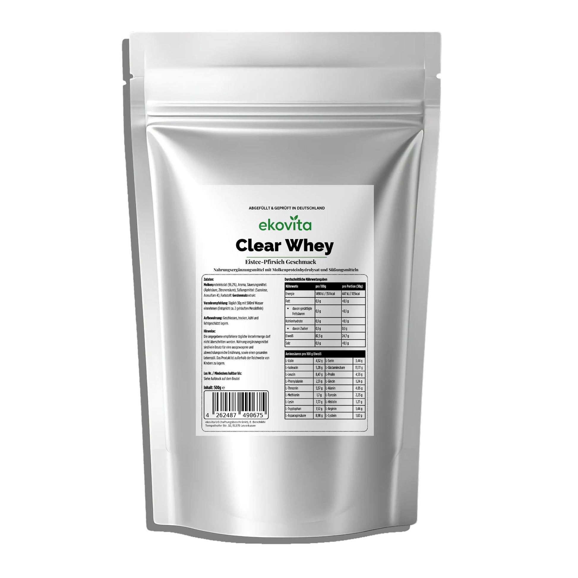 Clear Whey Protein Eistee Pfirsich 500g von ChanceToBrand, ideal für eine erfrischende Proteinaufnahme.