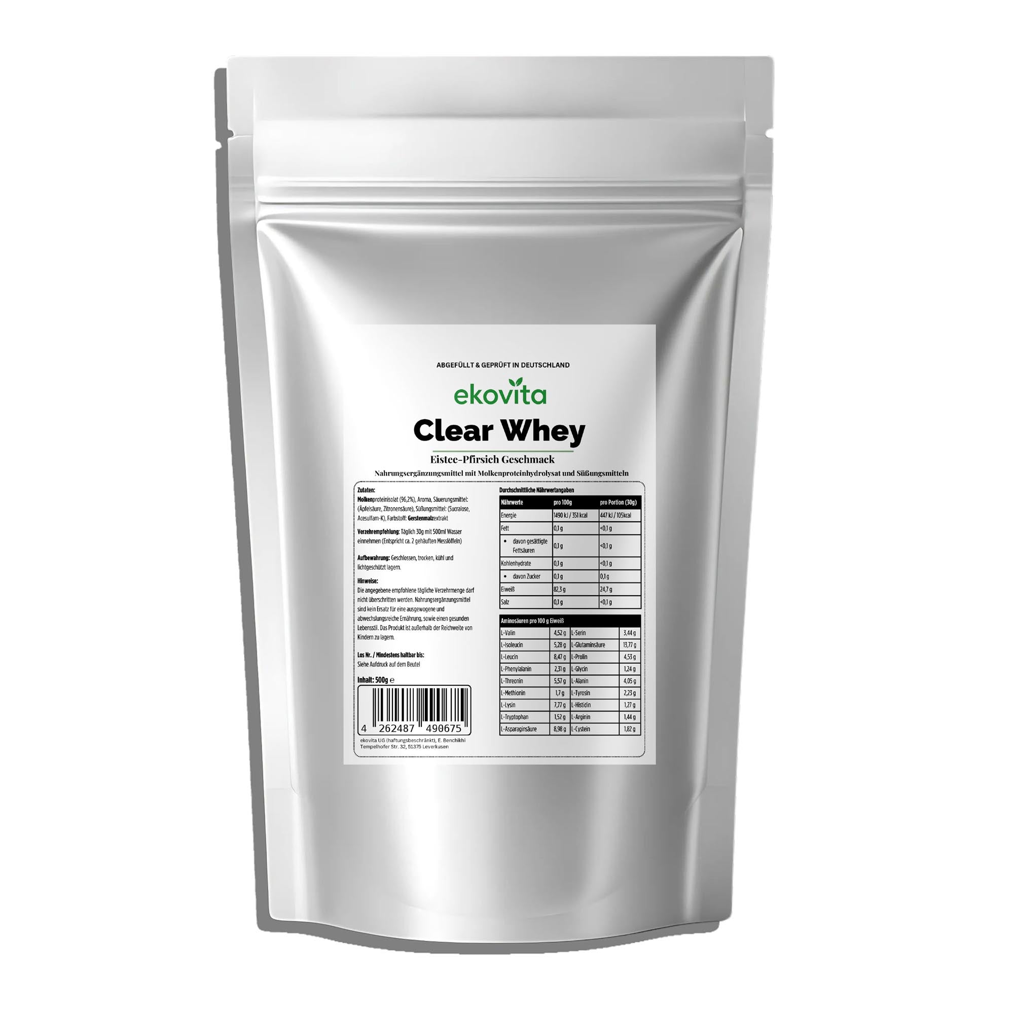 Clear Whey Protein Eistee Pfirsich von ChanceToBrand in 500g Verpackung, ideale Proteinquelle für Muskelaufbau.