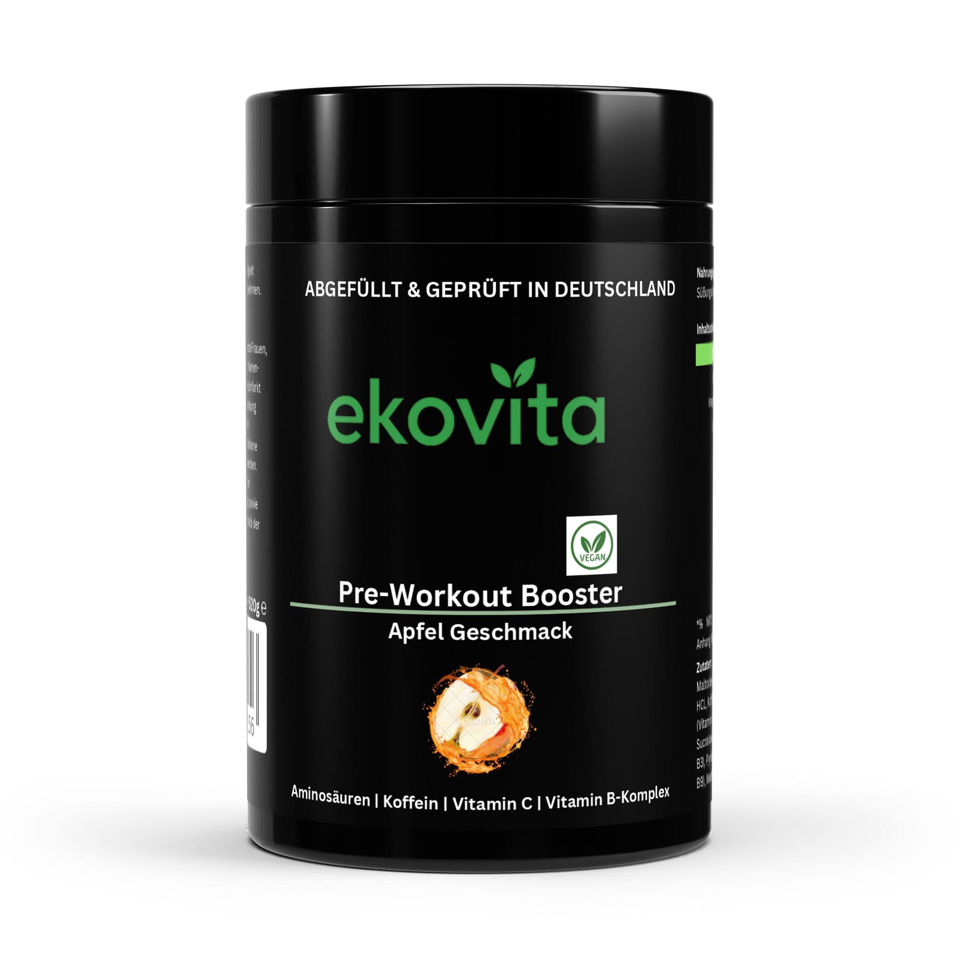 Pre-Workout Booster Apfelgeschmack von Ekovita in einer modernen Verpackung. Ideal für Fitness und Sport.