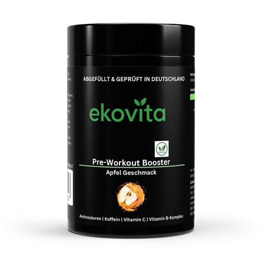 Pre-Workout Booster Apfelgeschmack von Ekovita in einer modernen Verpackung. Ideal für Fitness und Sport.