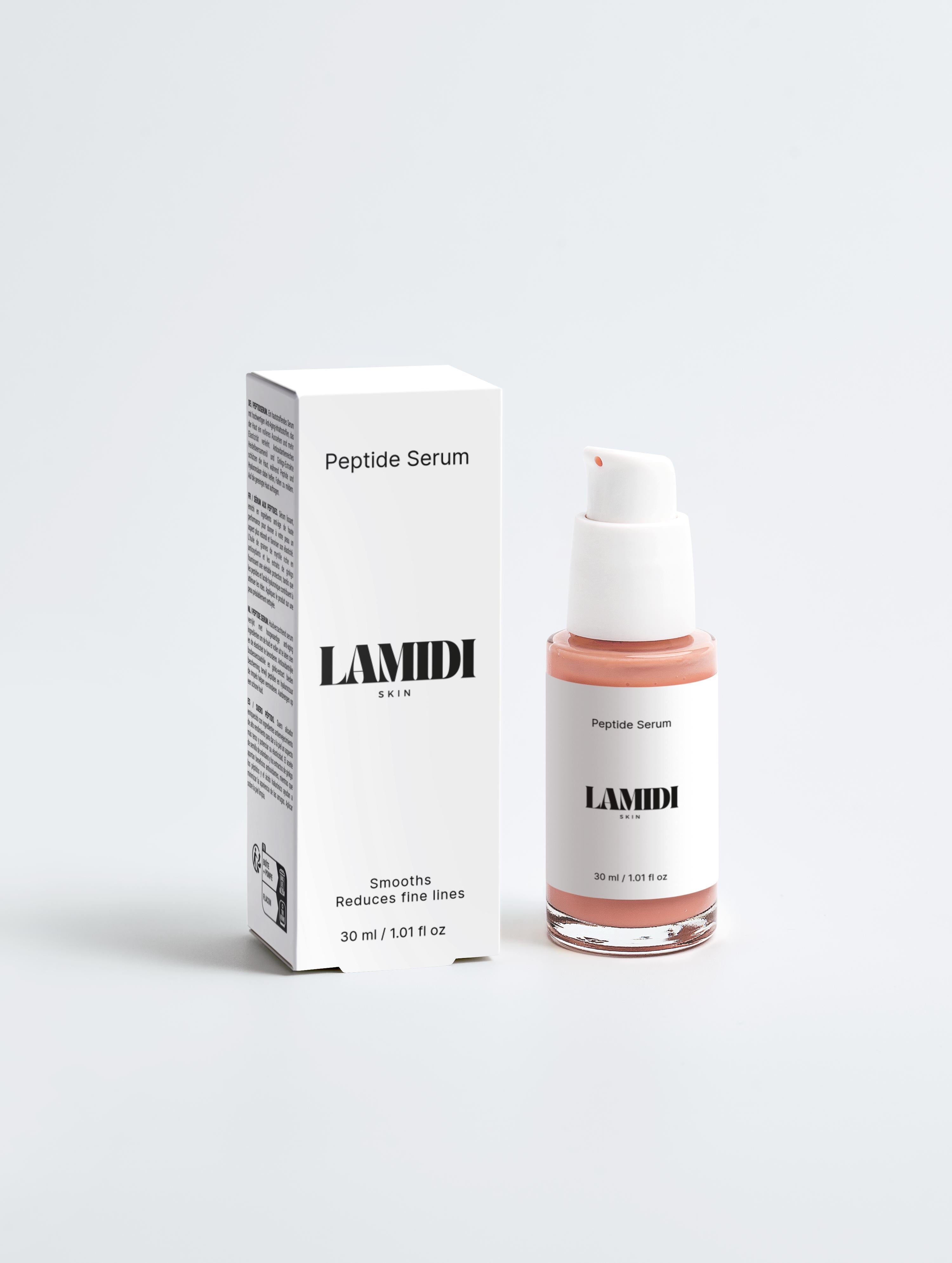 Peptide Anti-Aging Serum von ekovita in eleganter Flasche auf weißem Hintergrund, ideal für jugendliche Haut.