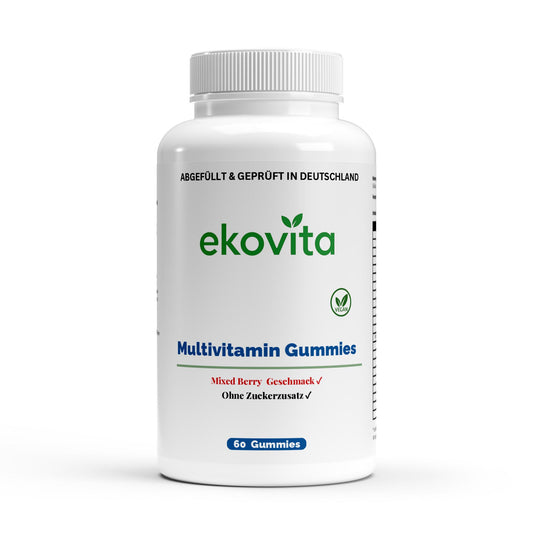 Premium Multivitamin Gummies von ekovita in bunter Verpackung, vegan und laborgeprüft, 60 Stück.
