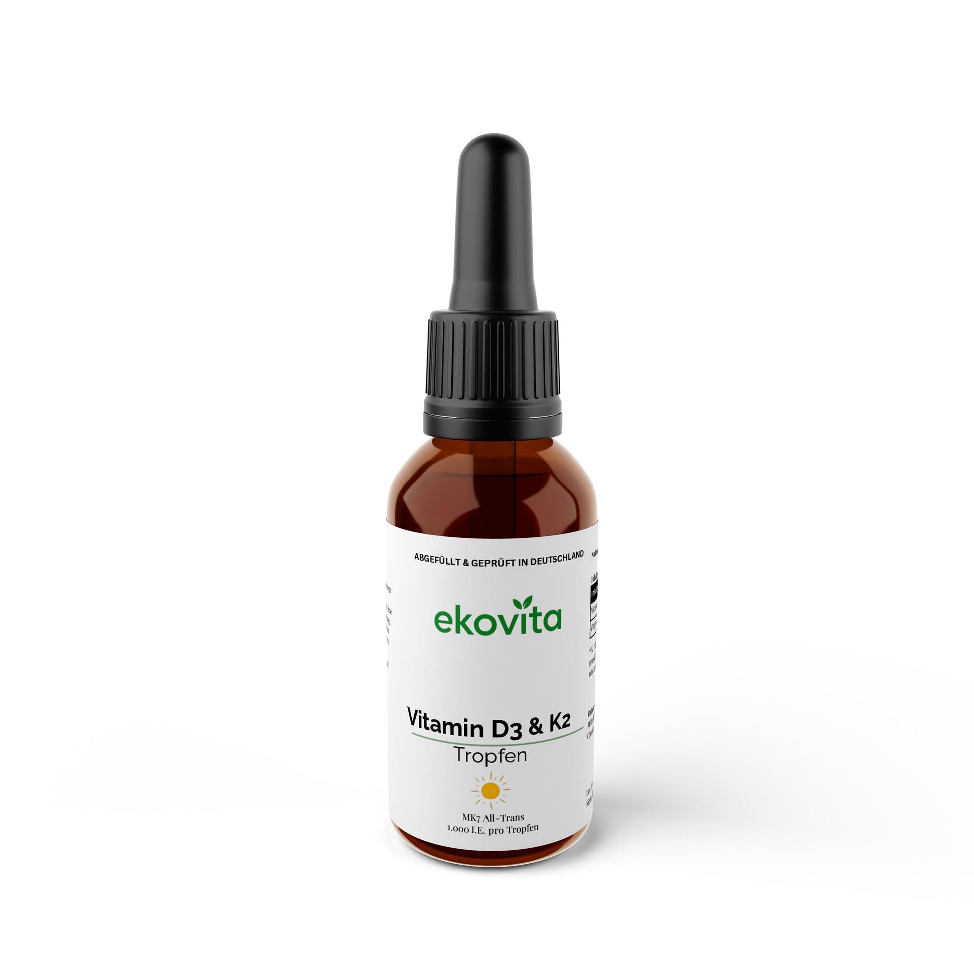 Detailansicht der veganen D3 + K2 Tropfen, die die praktische Pipette zur einfachen Anwendung zeigt.