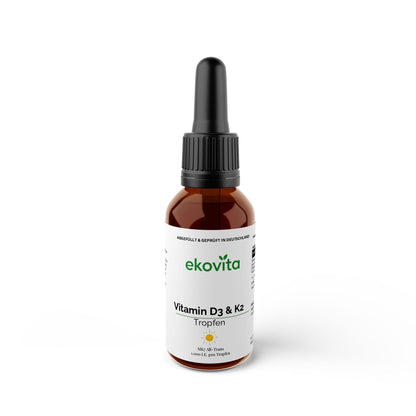 Detailansicht der veganen D3 + K2 Tropfen, die die praktische Pipette zur einfachen Anwendung zeigt.