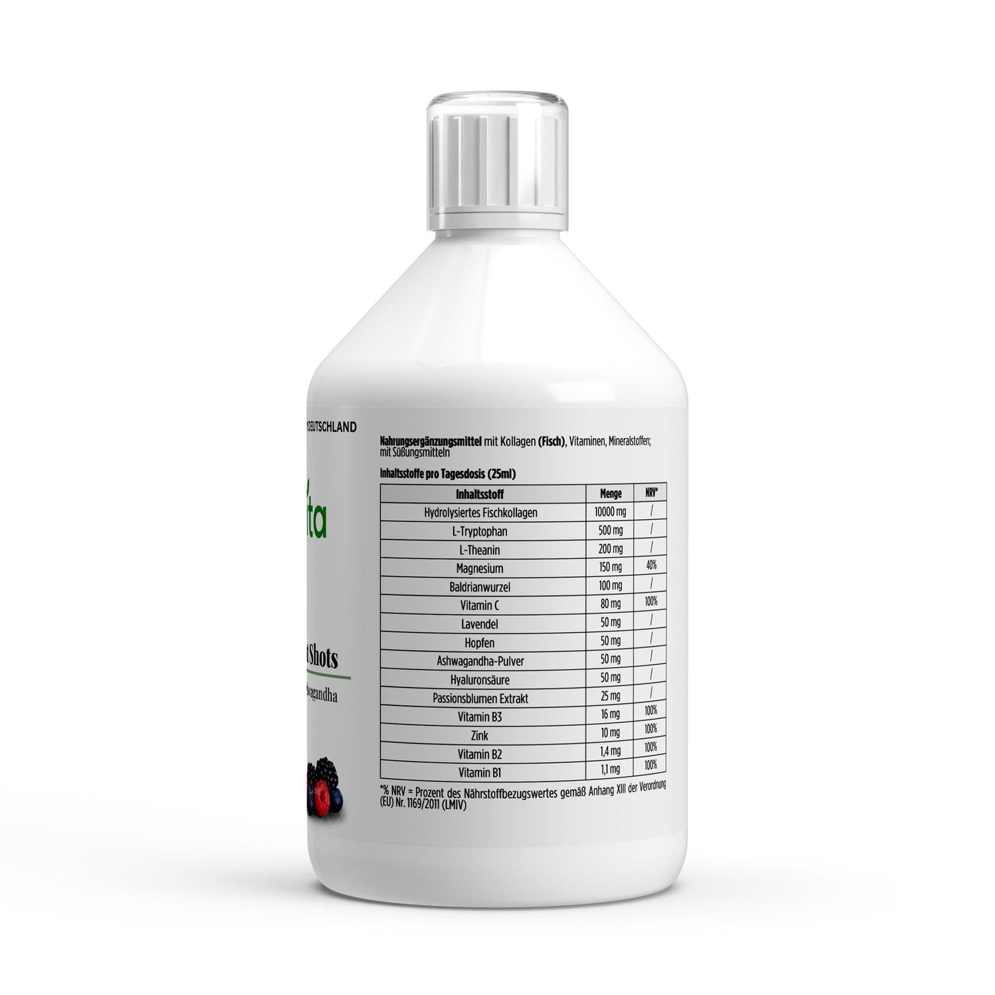 Verpackung der Kollagen Shots für optimale Schlafhilfe und Hautpflege, ideal als Nahrungsergänzungsmittel.