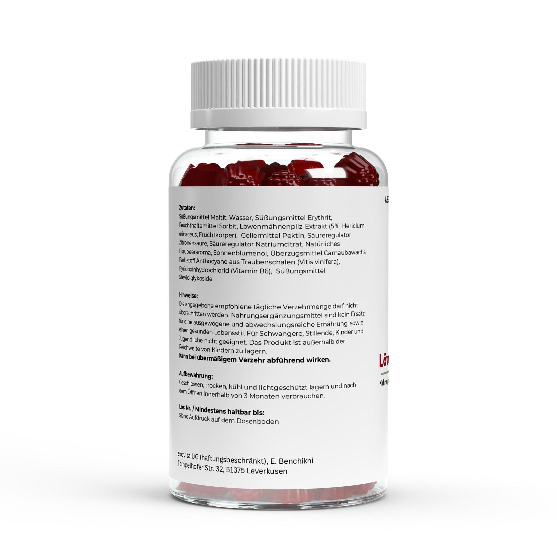 Verpackung der veganen Löwenmähne Gummies von ekovita, ideal für die tägliche Nahrungsergänzung.