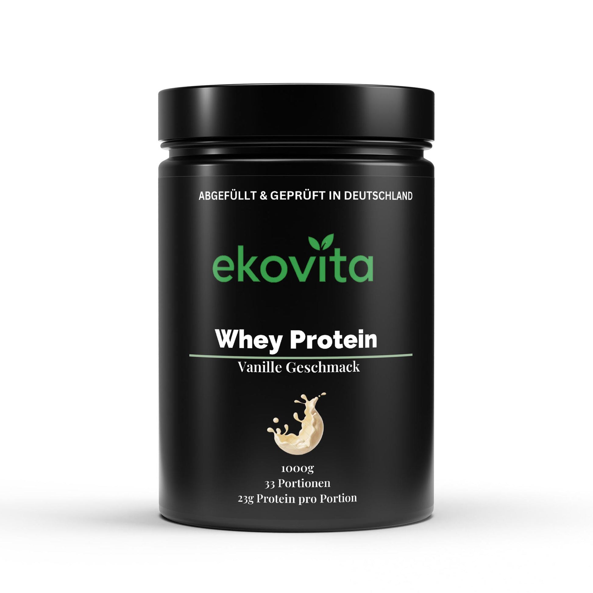 Premium Whey Protein Vanille von ekovita, laborgeprüft, in attraktiver Verpackung für Fitnessliebhaber.