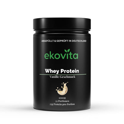 Premium Whey Protein Vanille von ekovita, laborgeprüft, in attraktiver Verpackung für Fitnessliebhaber.