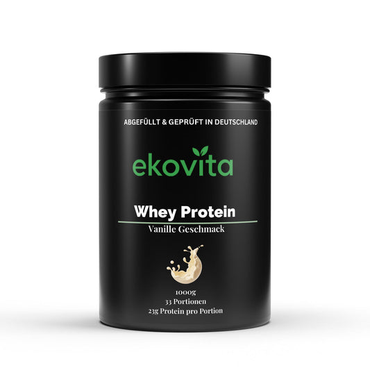 Premium Whey Protein Vanille von ekovita, laborgeprüft, in attraktiver Verpackung für Fitnessliebhaber.
