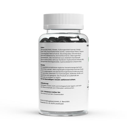 Nahaufnahme einer Shilajit Gummy in der Hand, geeignet für eine tägliche Energiebooster-Routine.