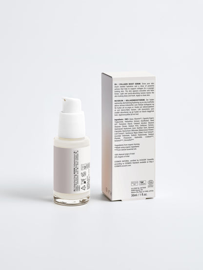 Detailaufnahme der Collagen Boost Serum Verpackung mit Zutatenliste, inkl. Hyaluronsäure und Vitamin C.