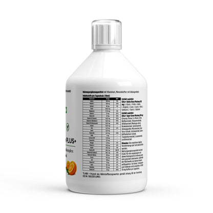 Verpackung der veganen Multivitamin Shots mit frischem Orangensaft, ideal für eine gesunde Ernährung.