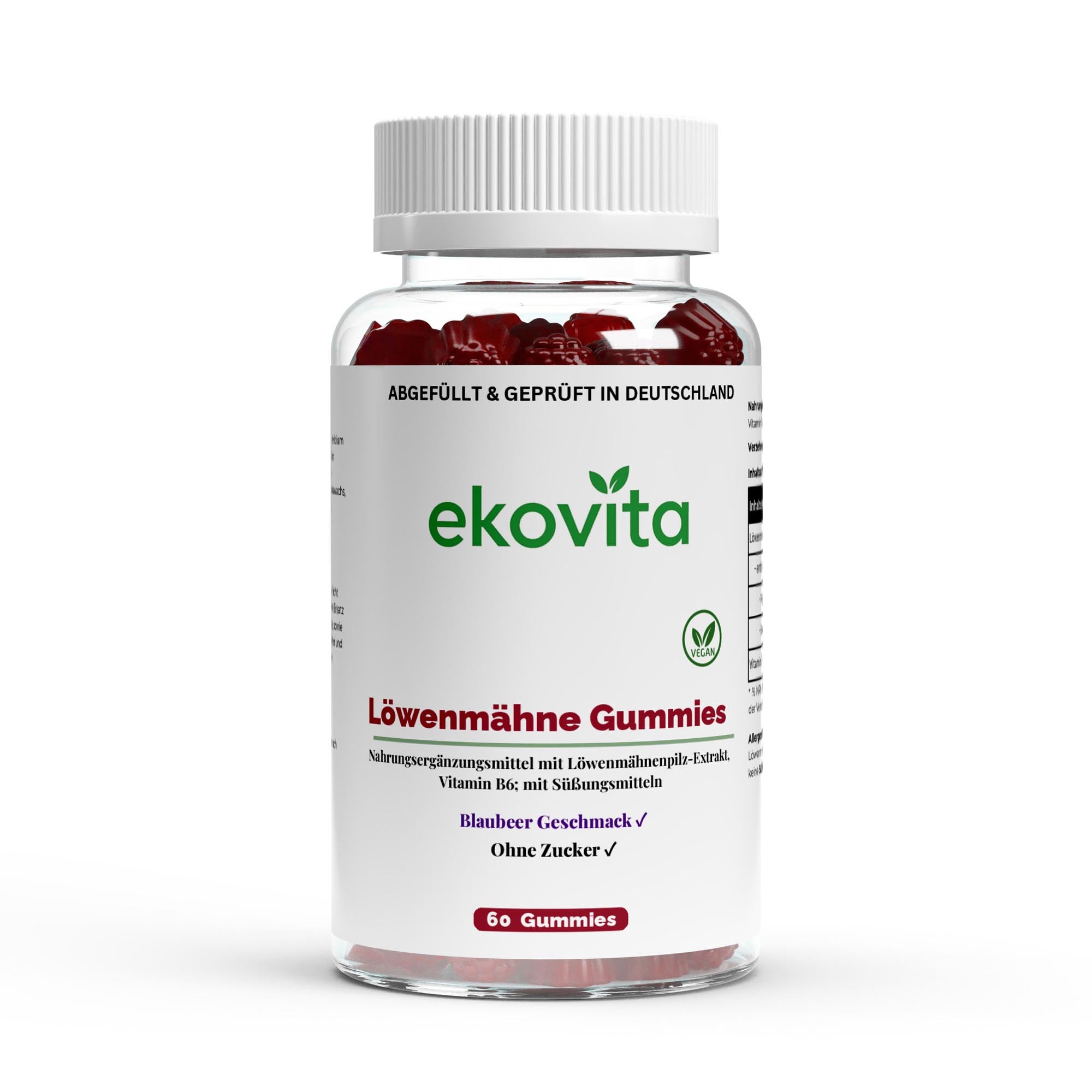 Löwenmähne Gummies von ekovita in einer offenen Packung, angereichert mit Vitamin B6 für Fokus und Konzentration.