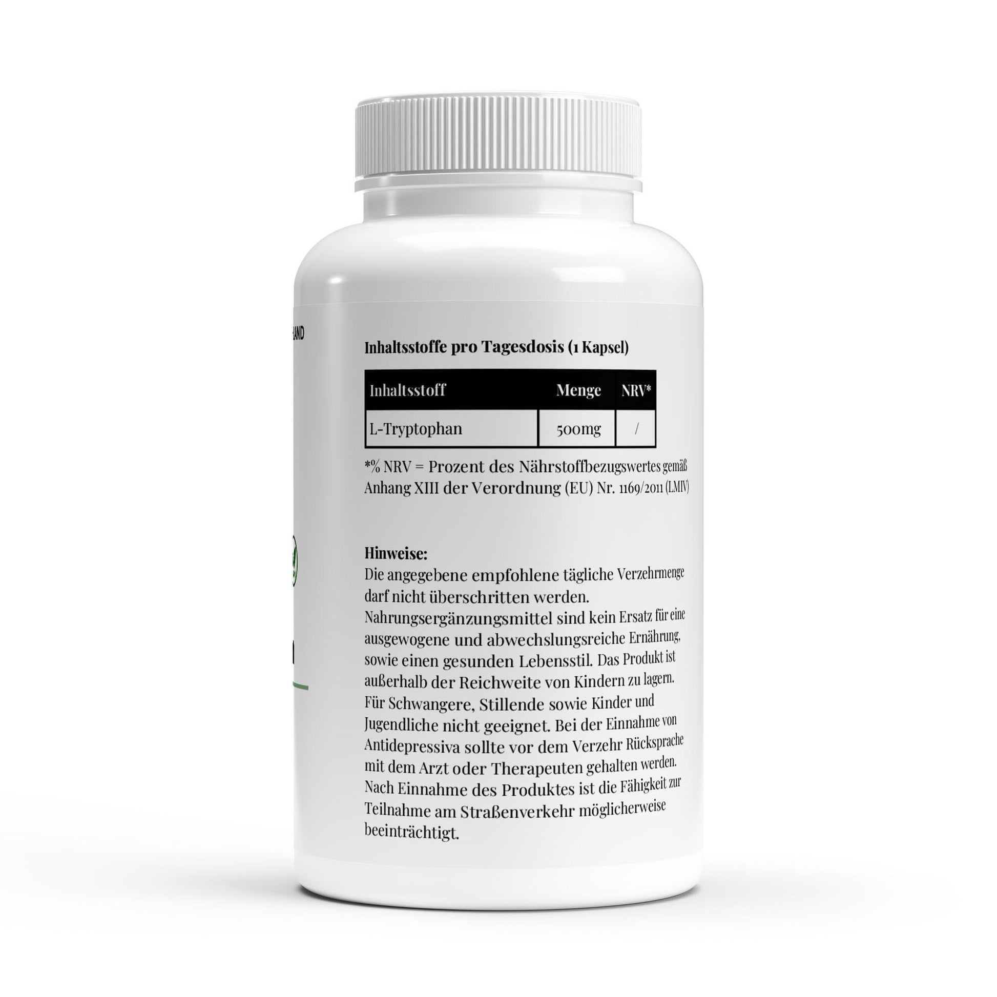 Detailansicht der L-Tryptophan Kapseln, ideal zur Unterstützung der Entspannung und Serotoninproduktion.