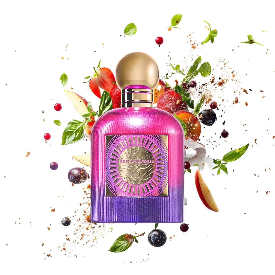 Detailansicht des Paris Corner Emir Juicy Melange Eau de Parfum, 100ml Flasche mit luxuriösem Design.