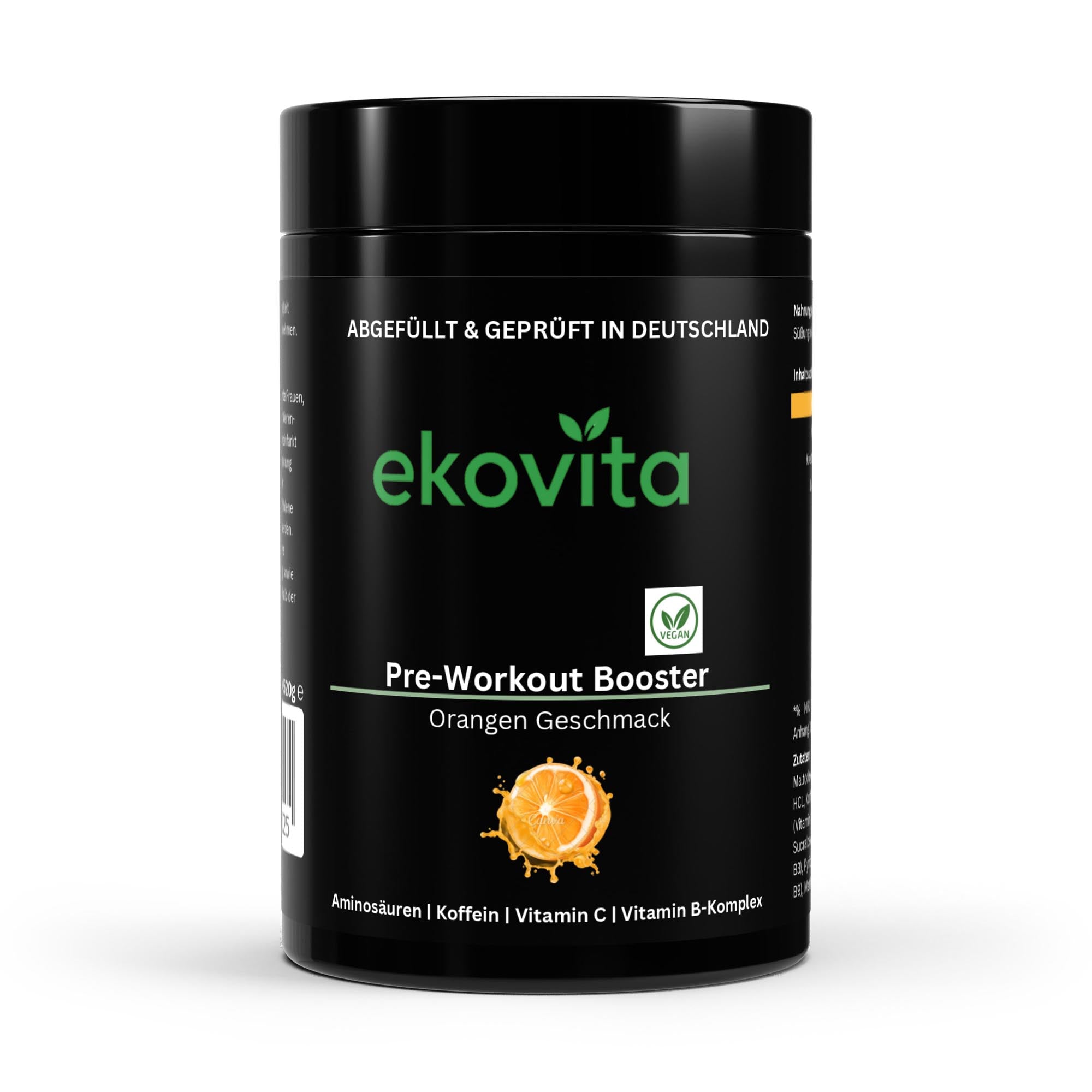 Pre-Workout Booster in Orange-Geschmack, vegan und laborgeprüft für optimale Energie vor dem Training.