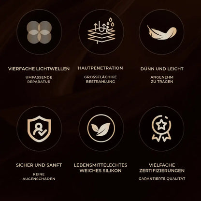 LED Lichttherapie Maske von Purenin auf einem Tisch liegend, umgeben von Hauteinpflegem wie Seren.