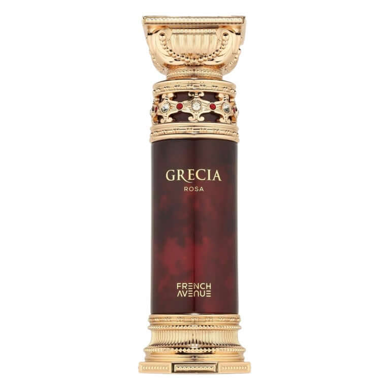 Detailaufnahme des eleganten Flacons des Grecia Rosa Extraits von Luxus Aroma.