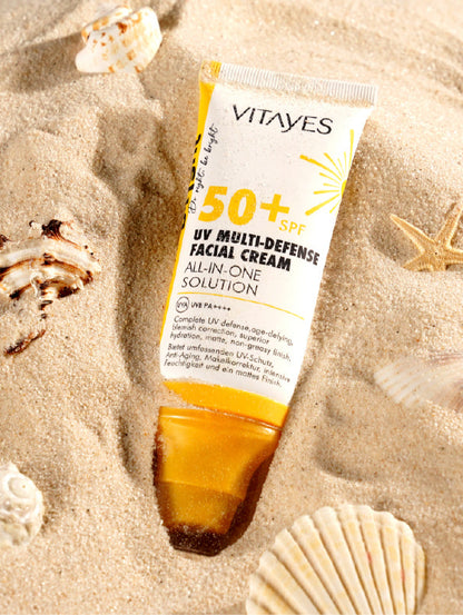 Flasche von Vitayes Hydra Defense SPF 50+ Sonnencreme im eleganten ekovita Design.