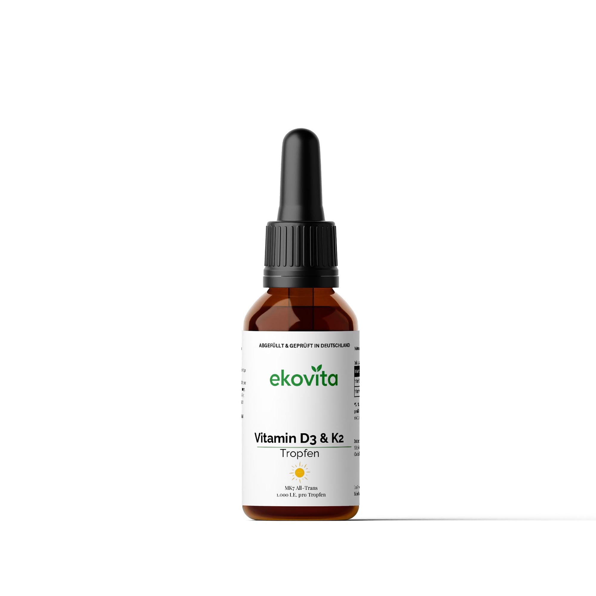 Hochdosierte Vitamin D3 + K2 Tropfen in einer Glasflasche, vegan und in Deutschland abgefüllt, von ChanceToBrand.