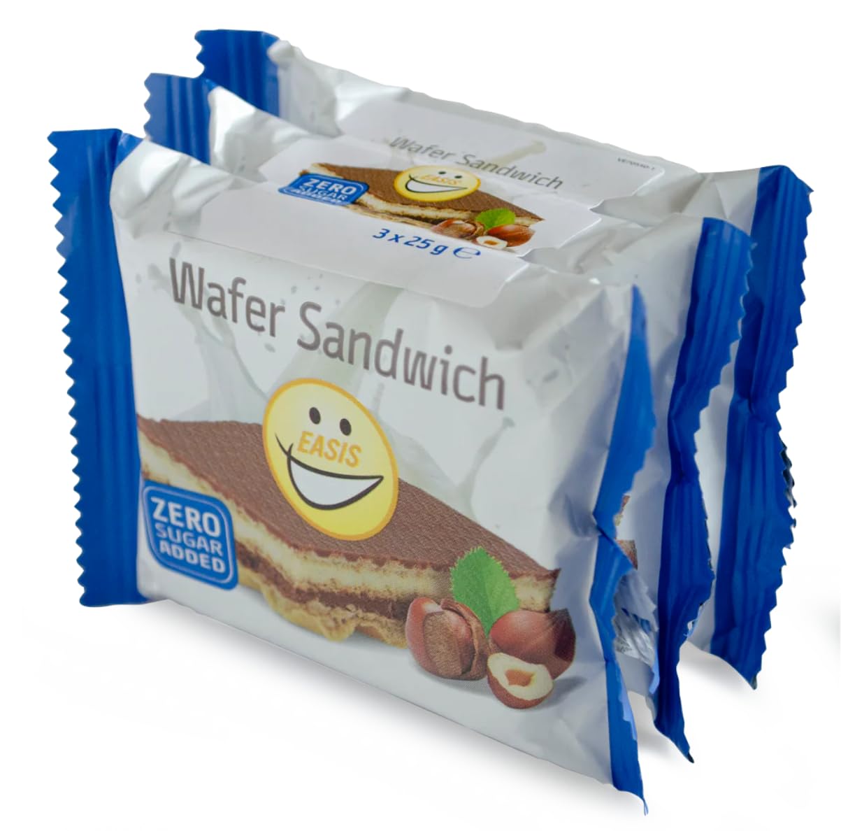 EASIS Knusprige Waffel Sandwich Ohne Zuckerzusatz | Waffelschnitte mit Milchschokolade, Haselnusscreme & Vanillecreme | Kalorienarme Süßigkeiten | Waffel Kekse mit Hohem Ballaststoffgehalt | 3x25g