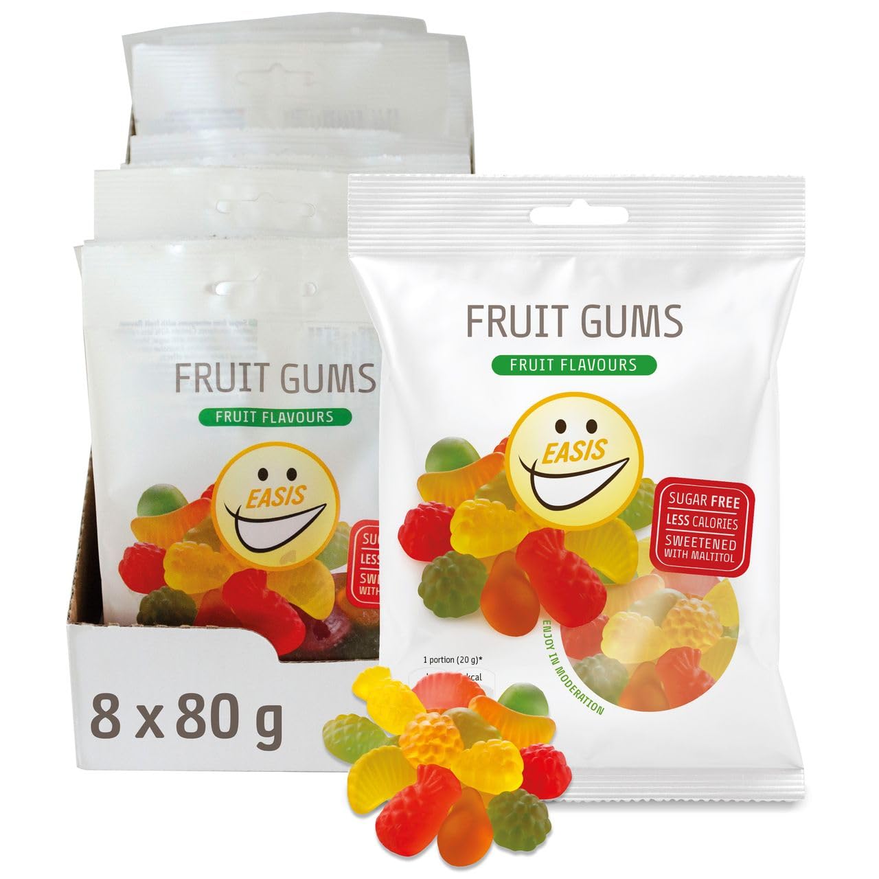 EASIS Fruchtgummis Ohne Zuckerzusatz, Kalorienarme Gummibärchen mit Süßstoff auf natürlicher Basis, Verschiedene Fruchtgeschmäcker, Weingummi Süßigkeiten, Gesunder Snack für Kinder & Erwachsene, 80g