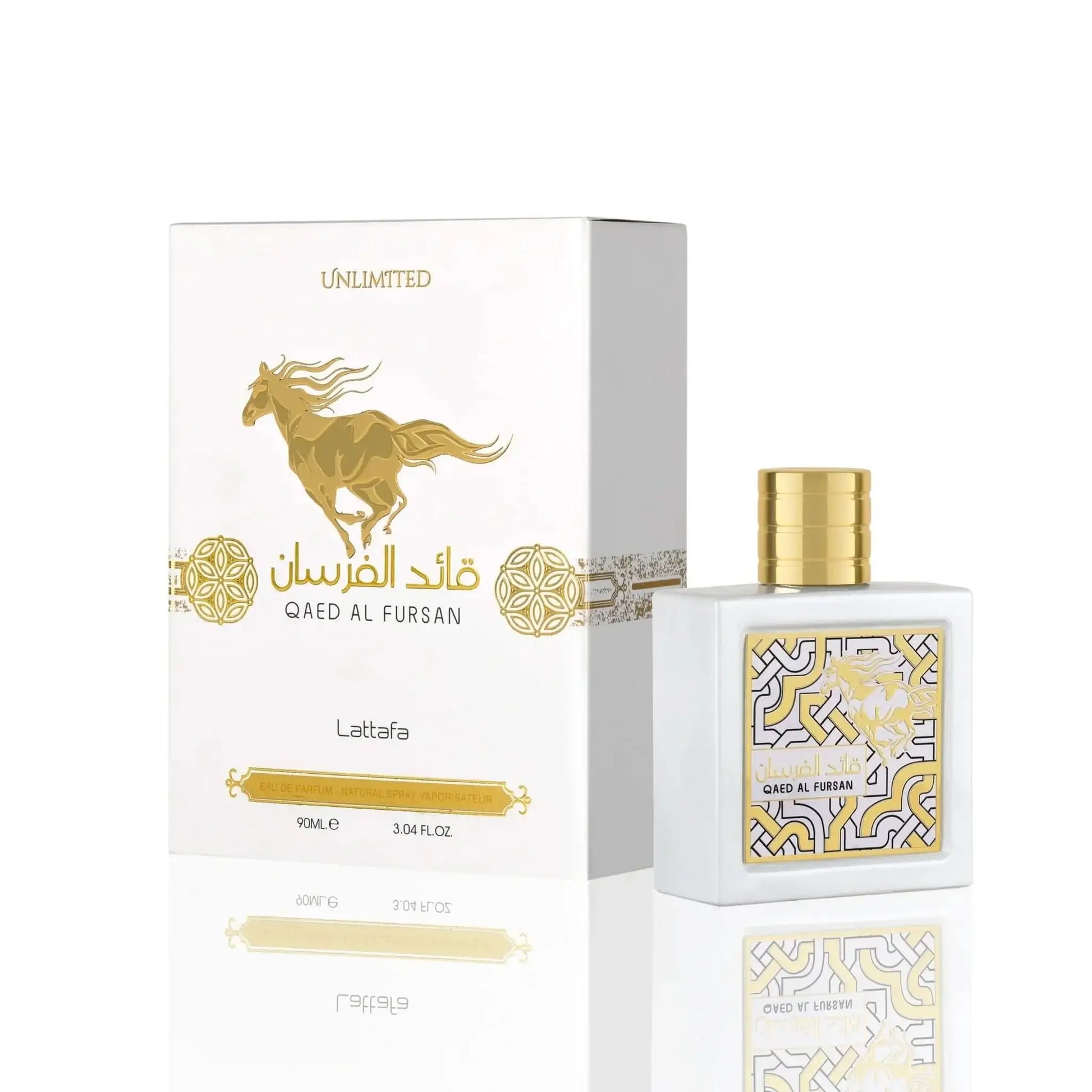 Elegante Flasche des Lattafa Qaed Al Fursan Unlimited Eau de Parfum 90ml für luxuriöse Düfte.