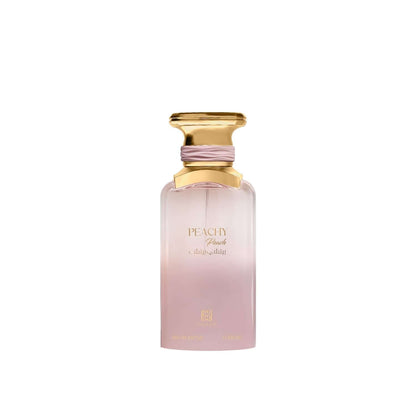 Detailansicht des Peachy Peach Eau de Parfum, Verpackung mit fruchtigem Design und hints von Luxus.