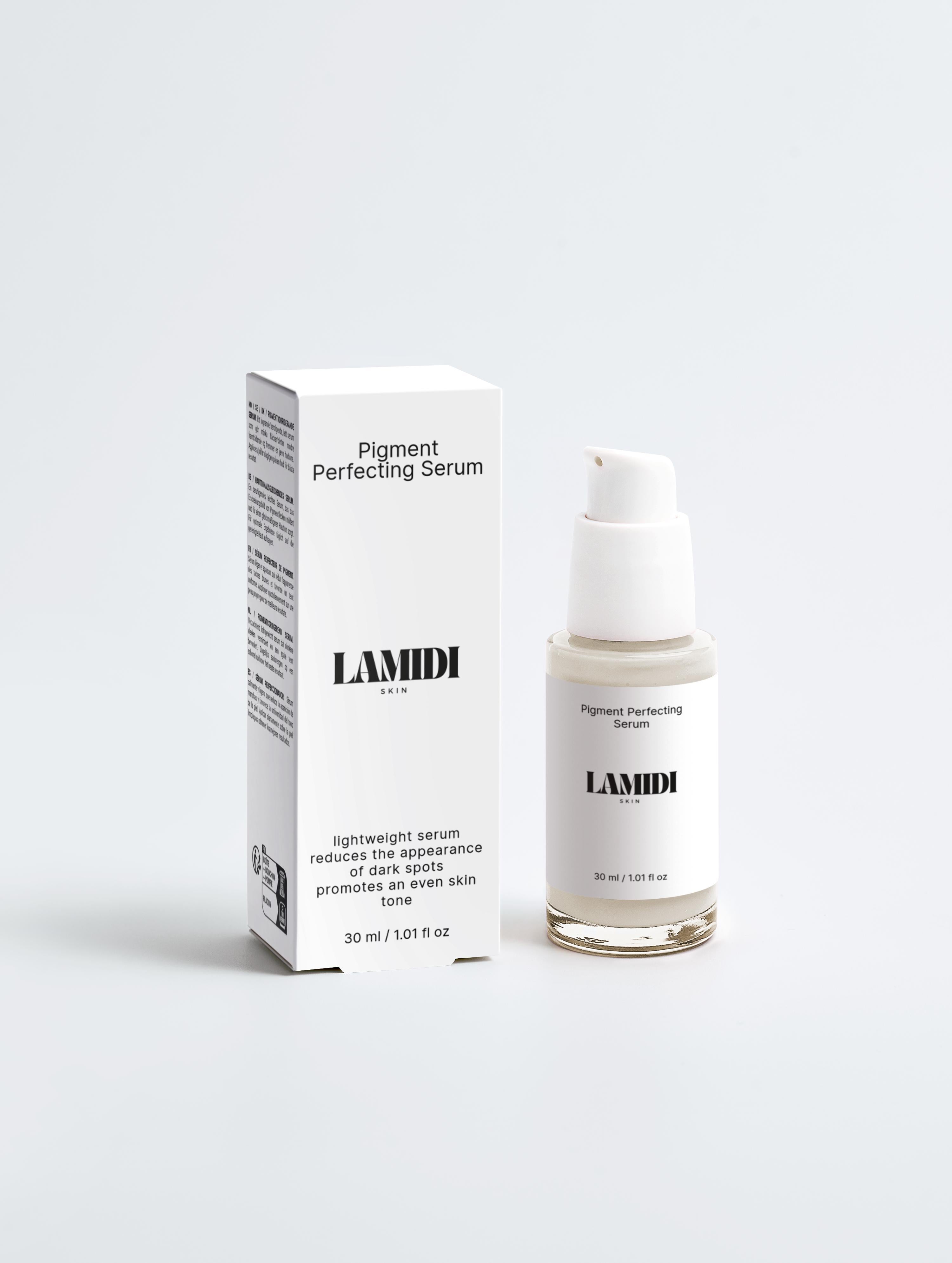 Pigment Perfecting Serum von ekovita in einer eleganten Flasche für strahlende Haut und weniger Pigmentstörungen.