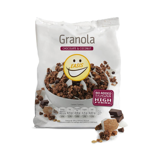 EASIS Knuspermüsli Ohne Zuckerzusatz mit Schokolade & Kokosflocken | Knusprige Müsli ohne Zucker | Ideal für Milch & Joghurt | Gesundes Frühstück, Perfekter Start in den Tag | 350 g