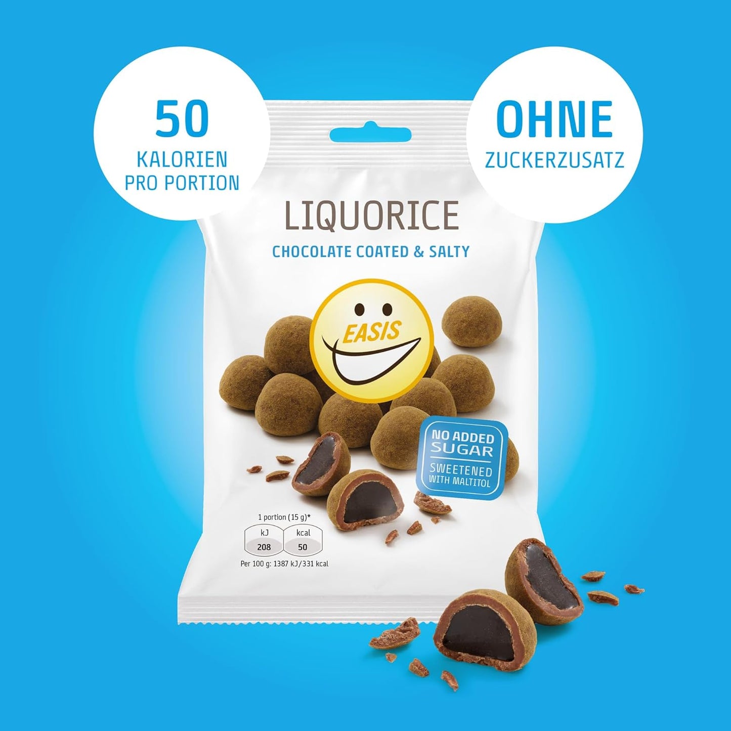 EASIS Dänische Lakritz-Kugeln ohne Zuckerzusatz | Salzige Lakritzkerne in Vollmilchschokolade & Lakritzpulver | Süßungsmitteln natürlichen Ursprungs | Gourmet Schokolade Geschenk, 75g
