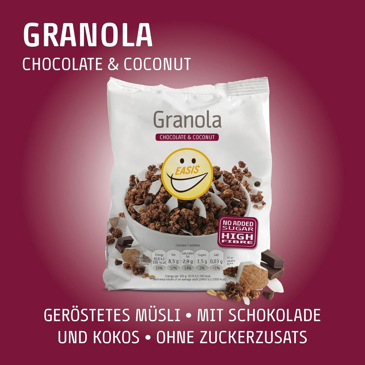 EASIS Knuspermüsli Ohne Zuckerzusatz mit Schokolade & Kokosflocken | Knusprige Müsli ohne Zucker | Ideal für Milch & Joghurt | Gesundes Frühstück, Perfekter Start in den Tag | 350 g