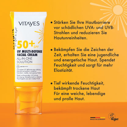 Verpackung der Vitayes Hydra Defense Sonnencreme, ideal für Hautpflege und UV-Schutz.