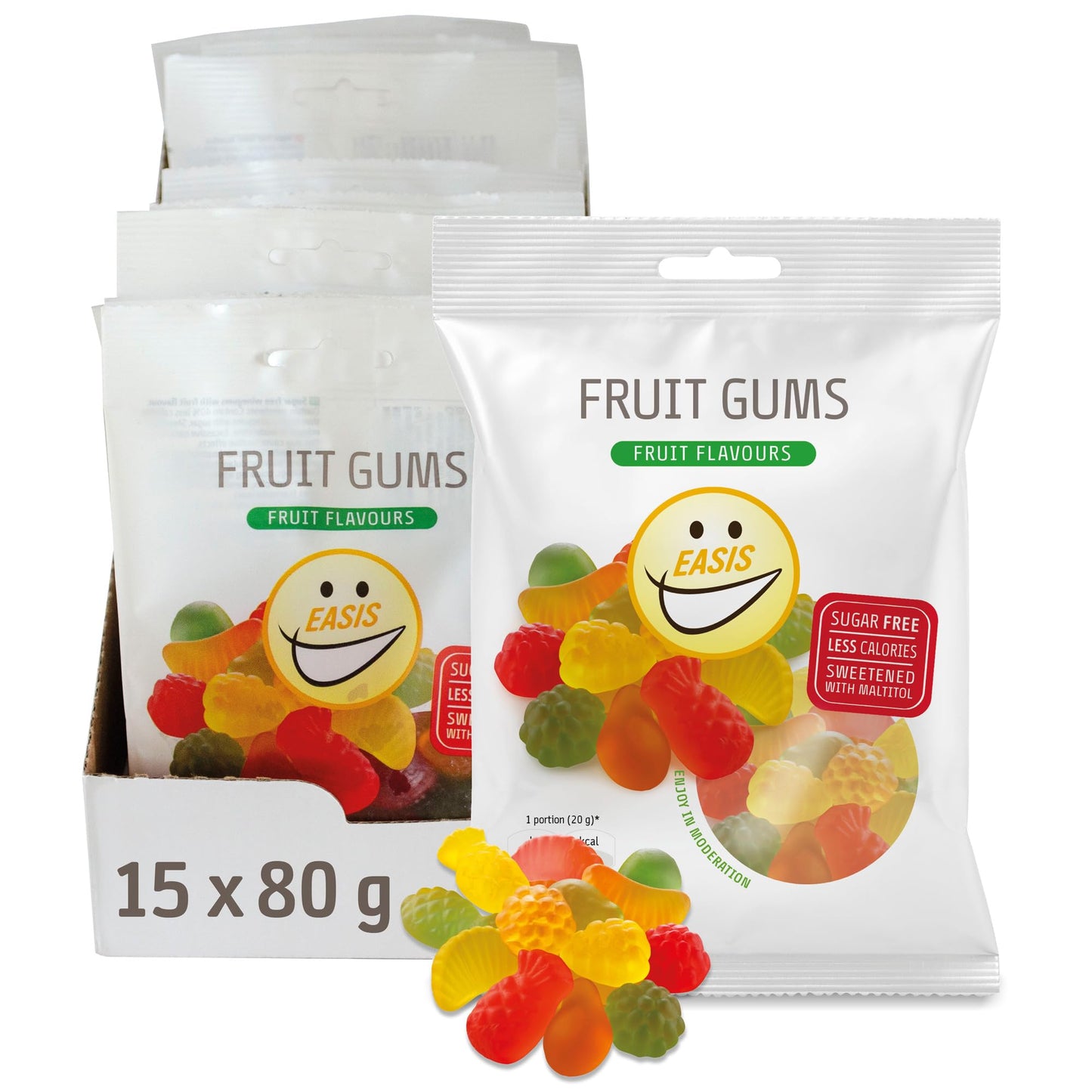 EASIS Fruchtgummis Ohne Zuckerzusatz, Kalorienarme Gummibärchen mit Süßstoff auf natürlicher Basis, Verschiedene Fruchtgeschmäcker, Weingummi Süßigkeiten, Gesunder Snack für Kinder & Erwachsene, 80g