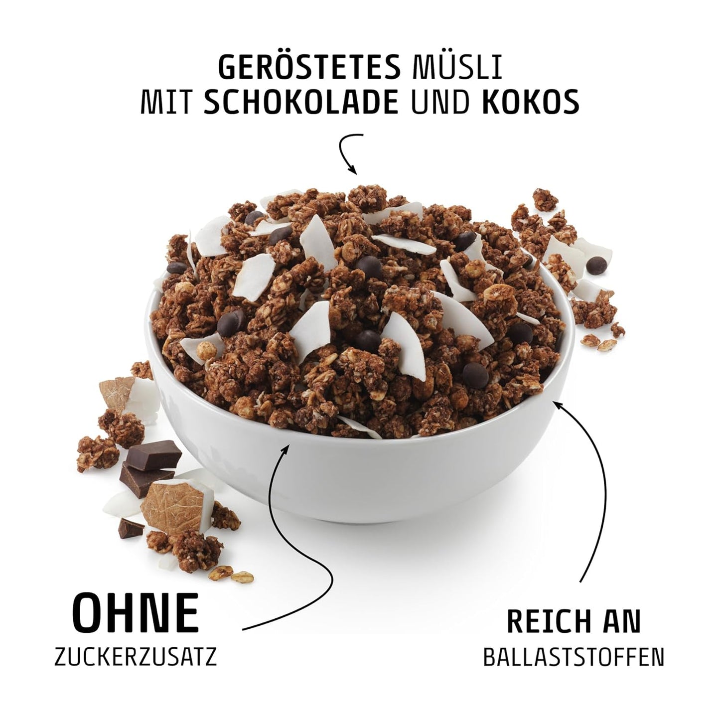 EASIS Knuspermüsli Ohne Zuckerzusatz mit Schokolade & Kokosflocken | Knusprige Müsli ohne Zucker | Ideal für Milch & Joghurt | Gesundes Frühstück, Perfekter Start in den Tag | 350 g