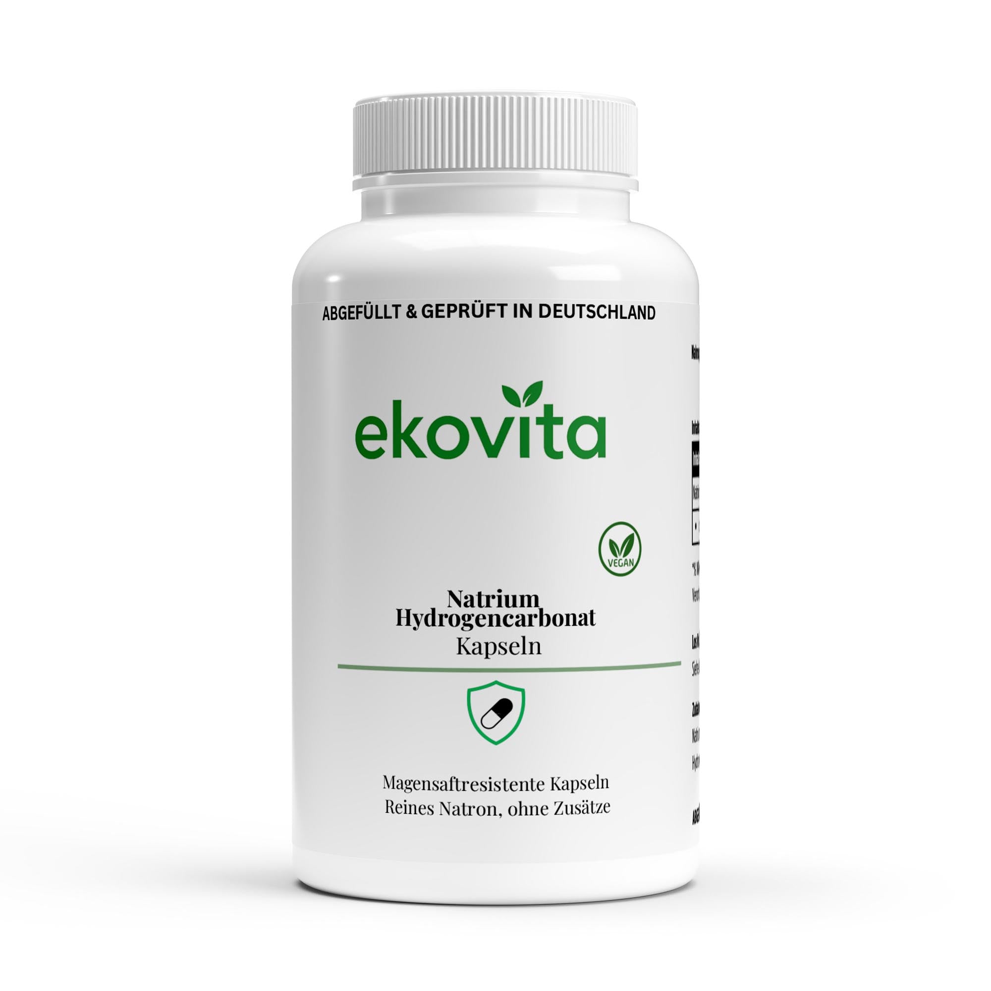 Hochdosierte Natron Kapseln von ekovita in einer formschönen Verpackung, vegan und laborgeprüft.